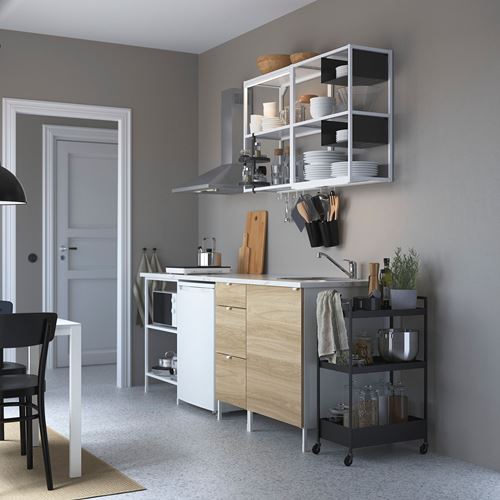 IKEA - ENHET, kitchen storage combination, white-oak look, 223x63.5x222 cm