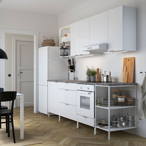 IKEA - ENHET, kitchen storage combination, white-high gloss white, 243x63.5x222 cm