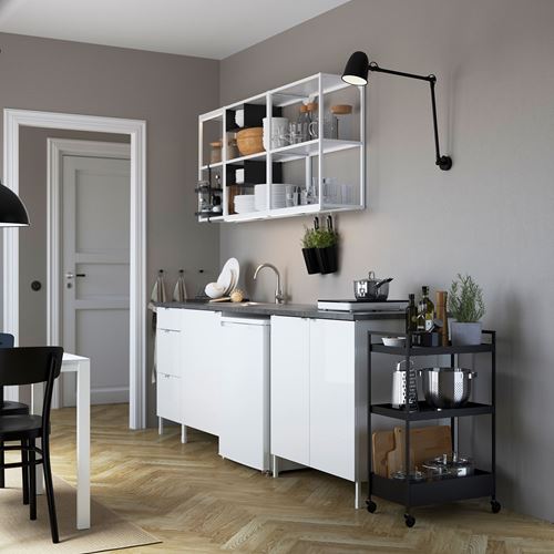 IKEA - ENHET, kitchen storage combination, white-high gloss white, 243x63.5x222 cm