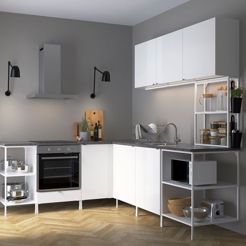 IKEA - ENHET, corner kitchen storage combination, white-high gloss white, 210.5x248.5x75 cm