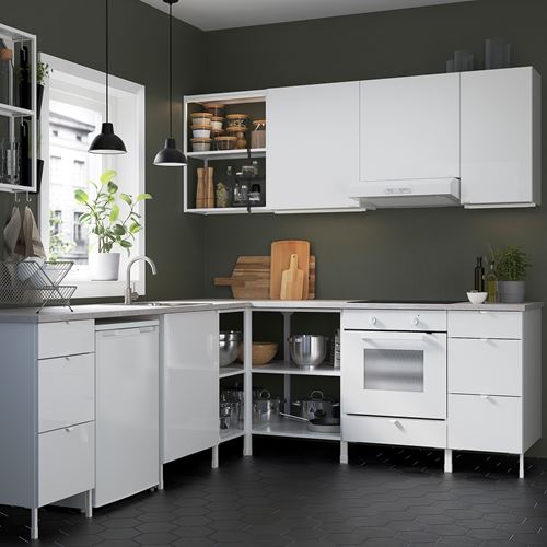 IKEA - ENHET, corner kitchen storage combination, white-high gloss white, 261.5x221.5x75 cm