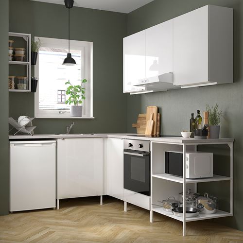 IKEA - ENHET, corner kitchen storage combination, white-high gloss white, 190.5x228.5x75 cm