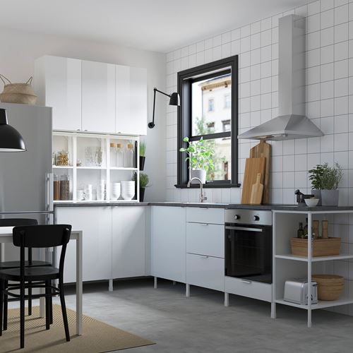 IKEA - ENHET, corner kitchen storage combination, white-high gloss white, 168.5x290.5x75 cm