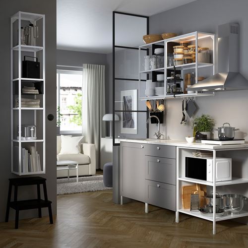 IKEA - ENHET, mutfak dolabı kombinasyonu, beyaz-gri, 183x63,5x222 cm