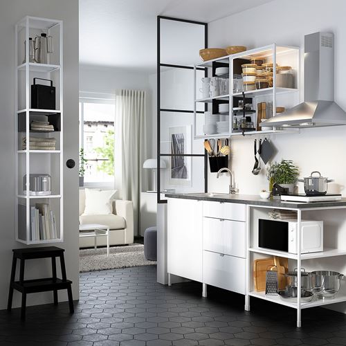 IKEA - ENHET, kitchen storage combination, white-high gloss white, 183x63.5x222 cm