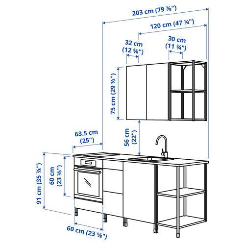 IKEA - ENHET, kitchen storage combination, white-high gloss white, 203x63.5x222 cm