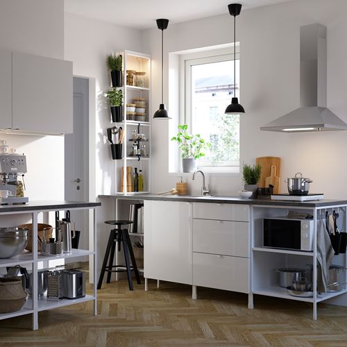 IKEA - ENHET, kitchen storage combination, white-high gloss white, 243x63.5x241 cm