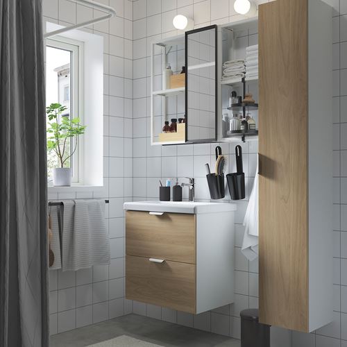 IKEA - ENHET/TVALLEN, bathroom furniture set, white-oak look, 64x43x65 cm