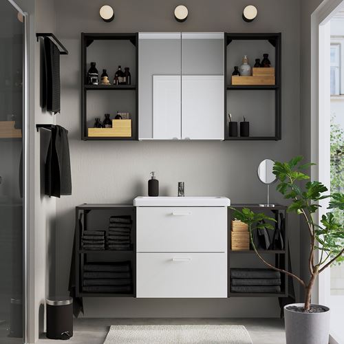 IKEA - ENHET/TVALLEN, banyo mobilyası seti, antrasit-beyaz, 140x43x65 cm