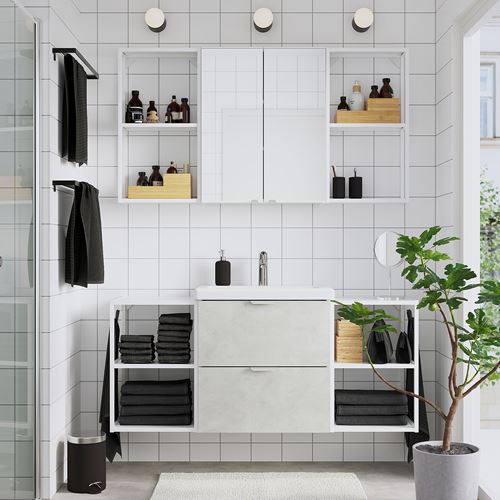 IKEA - ENHET/TVALLEN, bathroom furniture set, white-stone effect, 140x43x65 cm