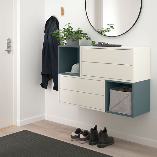 IKEA - EKET, çekmeceli duvar dolabı kombinasyonu, beyaz-gri-turkuaz, 105x35x70 cm