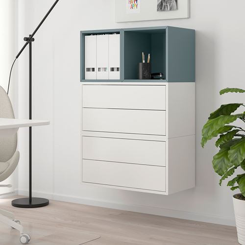 IKEA - EKET, çekmeceli duvar dolabı kombinasyonu, beyaz-gri-turkuaz, 105x35x70 cm