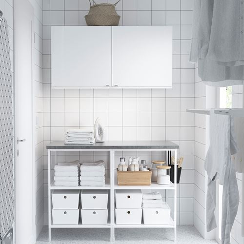 IKEA - ENHET, cabinet combination for laundry and kitchen, white-high gloss white, 123x63.5x207 cm