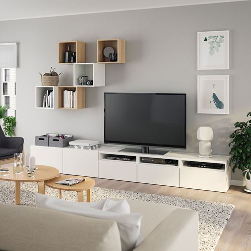 IKEA - BESTA/EKET, tv storage unit, white-white stained oak effect, 300x42x210 cm