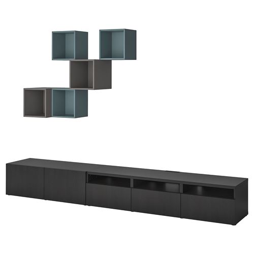 IKEA - BESTA/EKET, tv storage unit, black-brown-dark grey-grey-turquoise, 300x42x210 cm