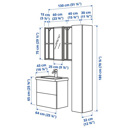 IKEA - ENHET/TVALLEN, banyo mobilyası seti, beyaz-parlak cila beyaz, 64x43x65 cm