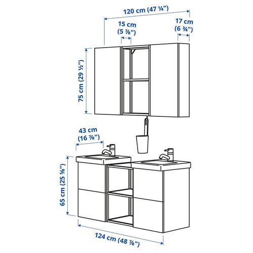 IKEA - ENHET/TVALLEN, banyo mobilyası seti, beyaz-parlak cila beyaz, 124x43x65 cm