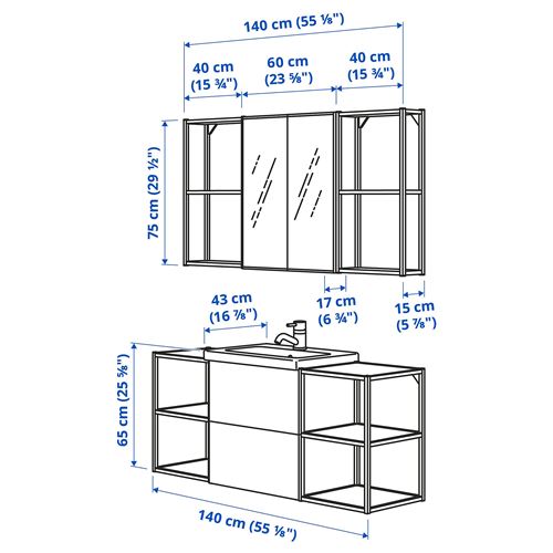 IKEA - ENHET/TVALLEN, banyo mobilyası seti, beyaz-parlak cila beyaz, 140x43x65 cm