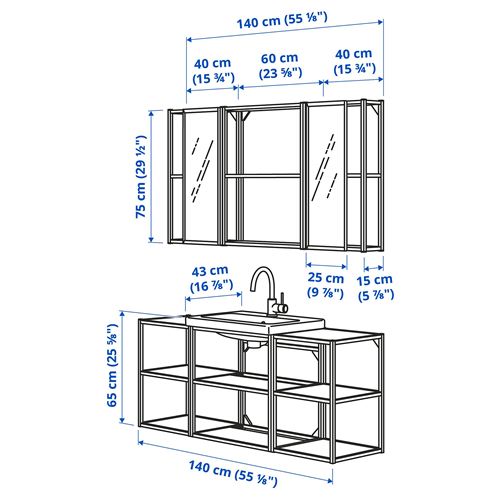 IKEA - ENHET/TVALLEN, banyo mobilyası seti, antrasit, 140x43x65 cm