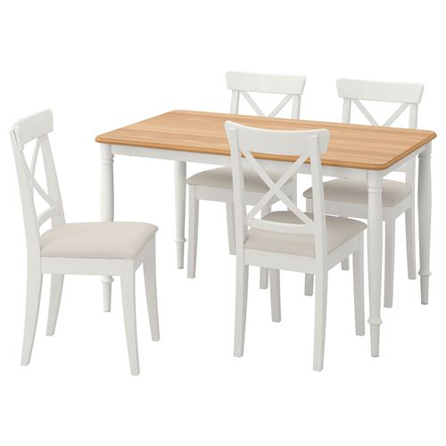 IKEA - DANDERYD/INGOLF, kitchen table set, white-Hallarp beige, 4 chairs