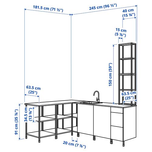 IKEA - ENHET, köşe mutfak dolabı kombinasyonu, beyaz-gri, 181.5x245x75 cm