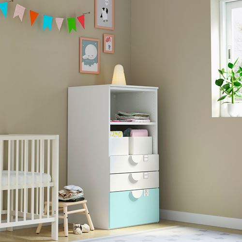 IKEA - PLATSA/SMASTAD, children's chest of drawers, white/turquoise, 60x55x123 cm