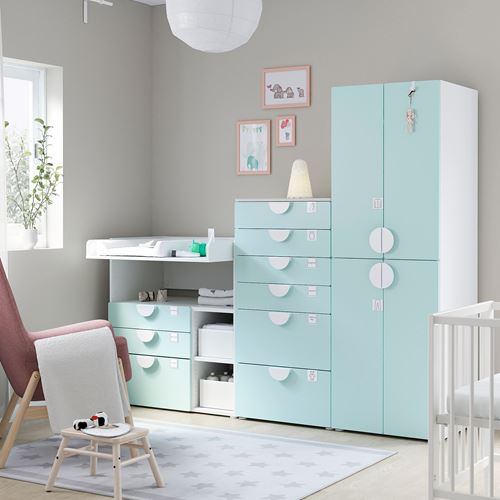 IKEA - PLATSA/SMASTAD, children wardrobe combination, white/turquoise, 210x79x181 cm