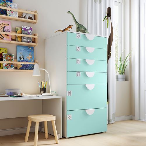 IKEA - PLATSA/SMASTAD, children's chest of drawers, white/turquoise, 60x55x123 cm