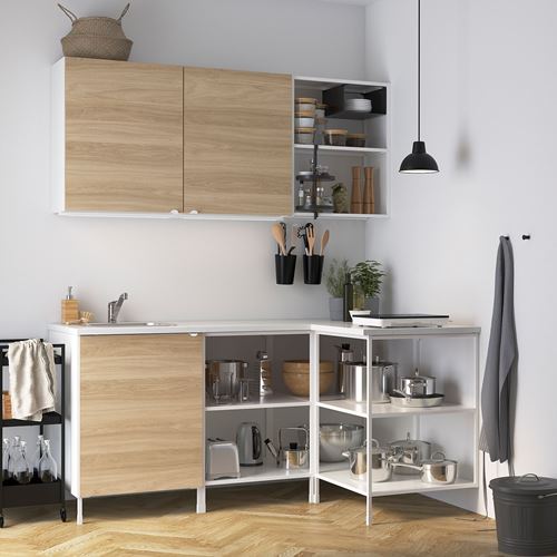 IKEA - ENHET, corner kitchen storage combination, white-oak look, 181.5x121.5x75 cm