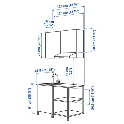 IKEA - ENHET, mutfak dolabı kombinasyonu, beyaz-gri, 123x63.5x222 cm