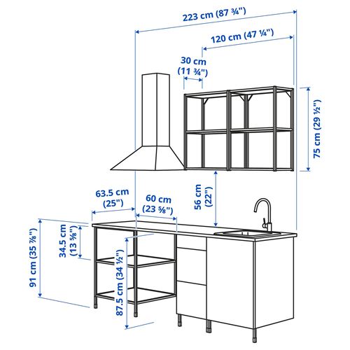 IKEA - ENHET, mutfak dolabı kombinasyonu, beyaz-gri, 223x63.5x222 cm