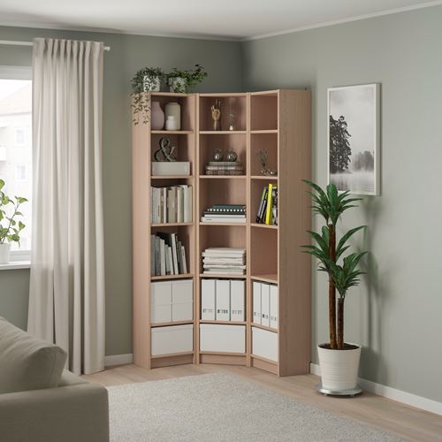 IKEA - BILLY, corner bookcase, white stained oak veneer, 95/95x28x202 cm
