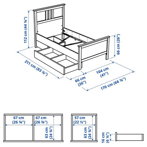 IKEA - HEMNES/LÖNSET, tek kişilik baza, beyaz vernik, 90x200 cm