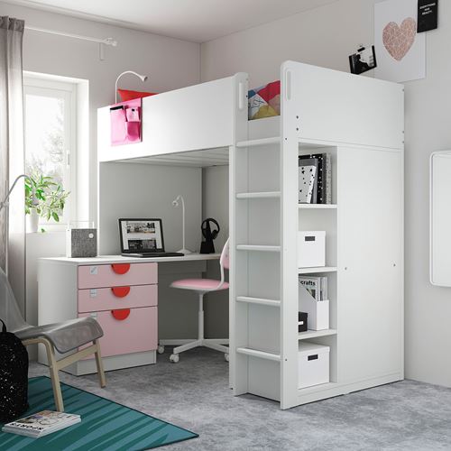 IKEA - SMASTAD, bunk bed, white/pale pink, 90x200 cm