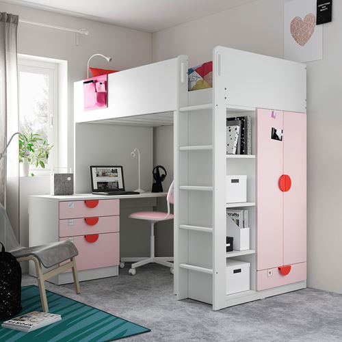 IKEA - SMASTAD, bunk bed, white/pale pink, 90x200 cm