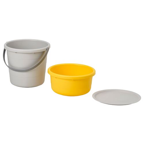 IKEA - PEPPRIG, bucket set with lid, grey/yellow