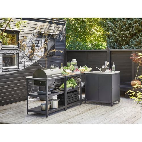 IKEA - GRILLSKAR, kitchen sink unit and charcoal barbecue, stainless steel/black, 258x147 cm