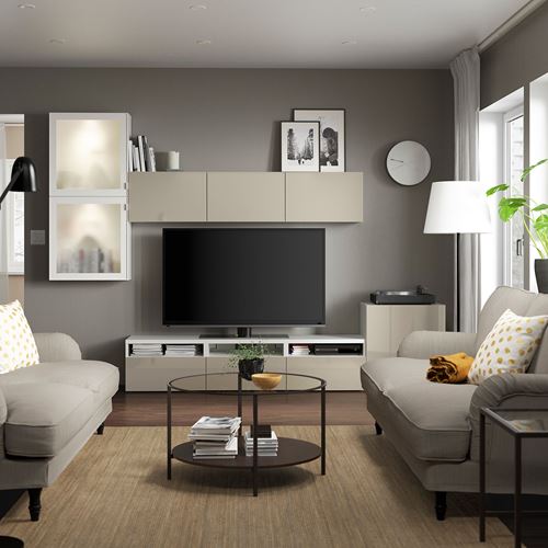 IKEA - BESTA, tv storage unit, white/high-gloss/beige/frosted glass, 300x42x211 cm