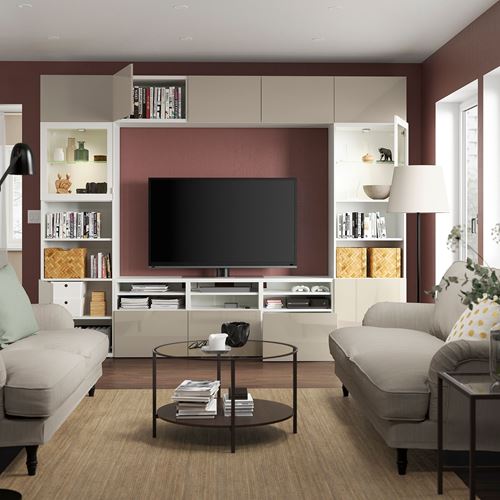 IKEA - BESTA, tv ünitesi, beyaz-parlak cila-bej-şeffaf cam, 300x42x231 cm