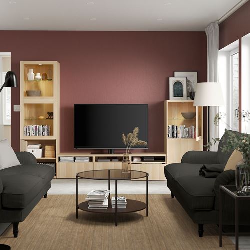 IKEA - BESTA, tv ünitesi, ağartılmış meşe görünümlü-beyaz meşe görünümlü-şeffaf cam, 300x42x193 cm