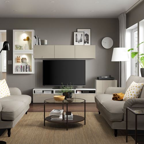 IKEA - BESTA, tv storage unit, white/high-gloss/beige/clear glass, 300x42x211 cm
