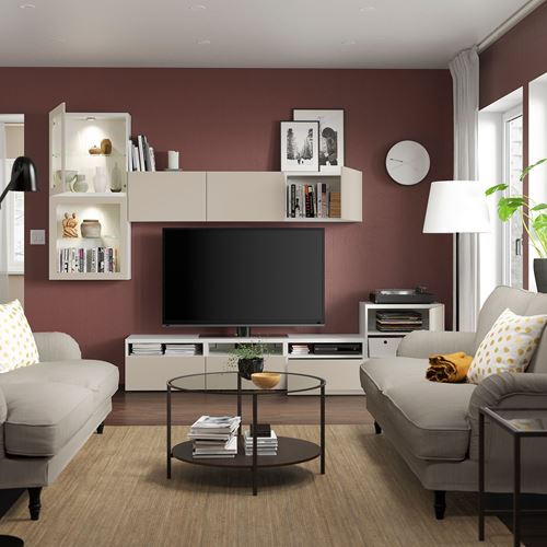 IKEA - BESTA, tv ünitesi, beyaz-açık gri-bej-saydam cam, 300x42x211 cm