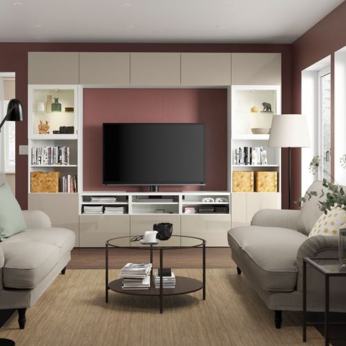 IKEA - BESTA, tv ünitesi, beyaz-parlak cila-bej-şeffaf cam, 300x42x231 cm
