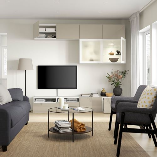 IKEA - BESTA, tv storage unit, white/high-gloss/beige/frosted glass, 240x42x231 cm