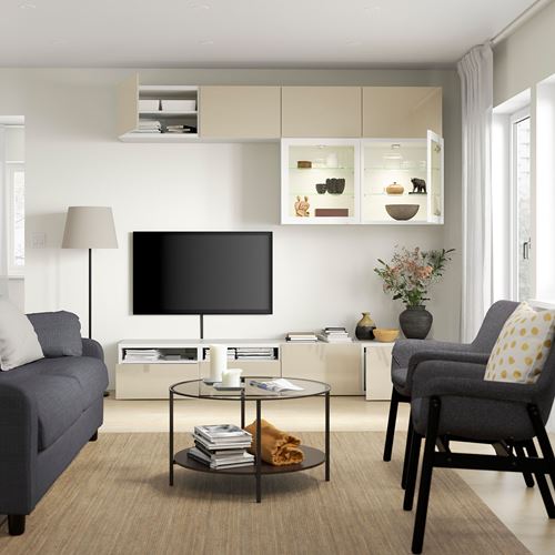 IKEA - BESTA, tv storage unit, white/high-gloss/beige/clear glass, 240x42x231 cm