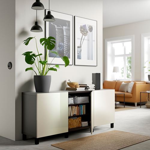 IKEA - BESTA, storage combination, black-brown/high-gloss/beige, 180x42x74 cm