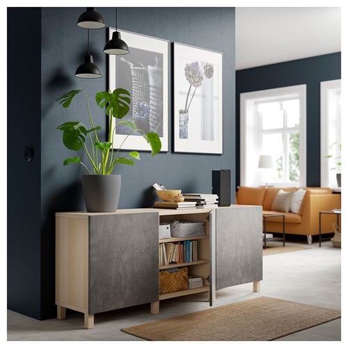 IKEA - BESTA, storage combination, white stained oak effect/dark grey concrete effect, 180x40x74 cm