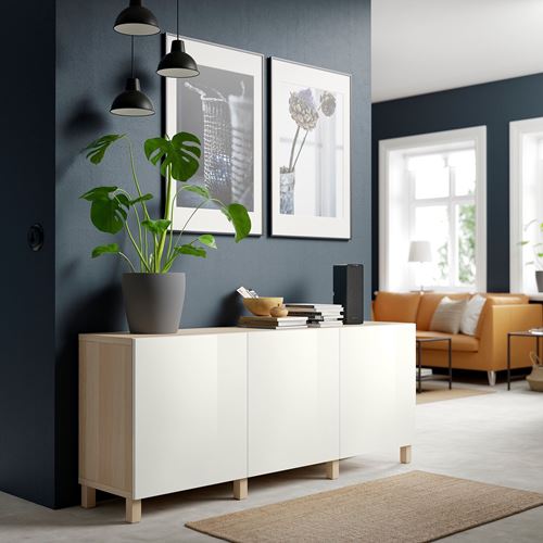 IKEA - BESTA, storage combination, white stained oak effect/high-gloss/white, 180x40x74 cm