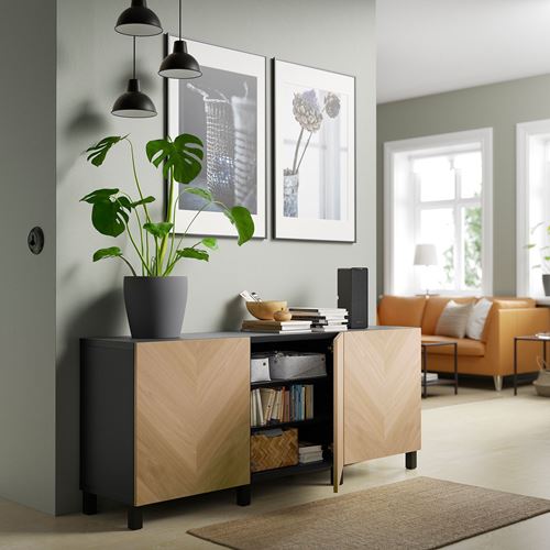 IKEA - BESTA, storage combination, black-brown/oak veneer, 180x42x74 cm