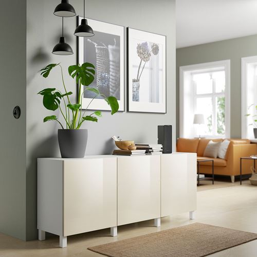 IKEA - BESTA, storage combination, white/high-gloss/beige, 180x40x74 cm